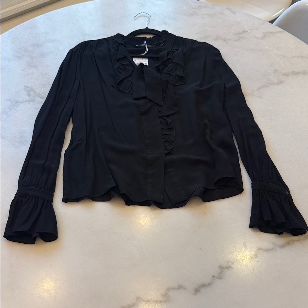 NWT Mango  Black Ruffle TIE NECK SEMI SHEER Blouse WITH RUFFLE CUFFS